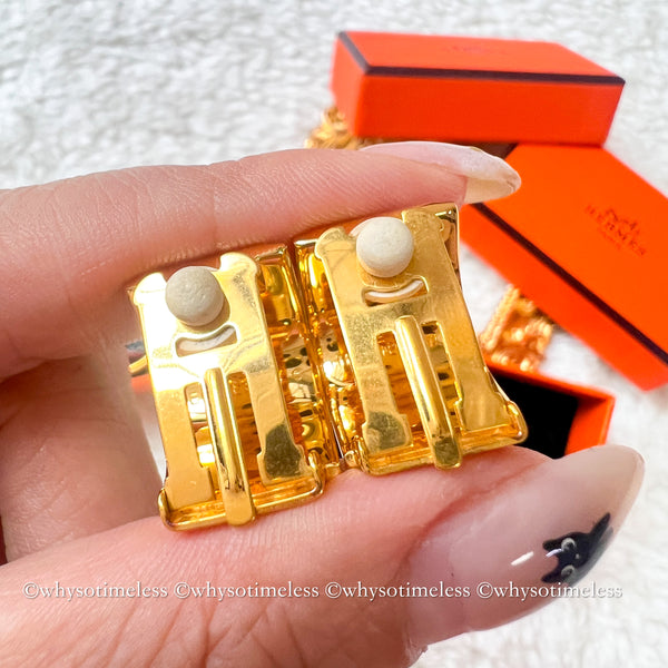 Vintage HERMÈS Émail Shippo H Pattern Ear Clips - Navy