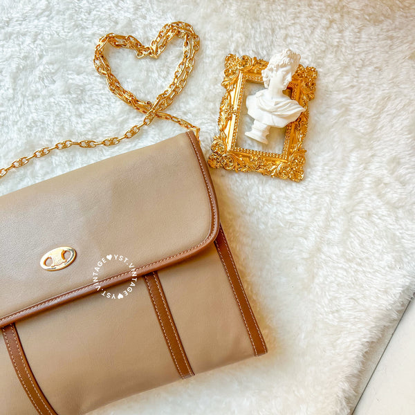 Vintage CELINE Triomphe Chain Shoulder Bag - Beige