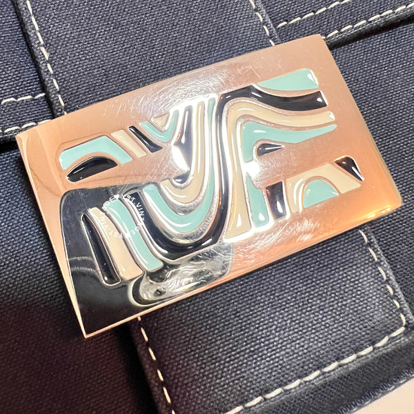 Vintage Fendi Enamel Buckle Jersey Baguette - Navy