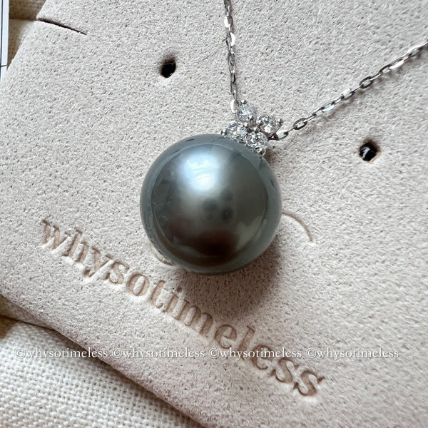 12.5mm Tahiti Pearl with Diamond 18KWG Necklace