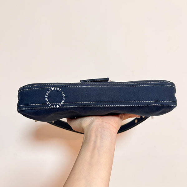 Vintage Fendi Enamel Buckle Jersey Baguette - Navy