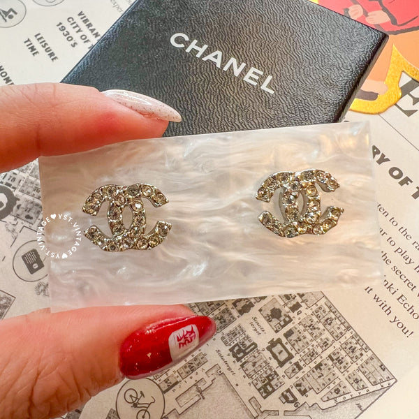 Vintage Chanel Coco Mark Rhinestone Silver-Finish Metal Earrings