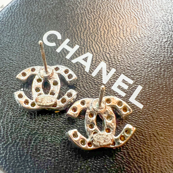Vintage Chanel Coco Mark Rhinestone Silver-Finish Metal Earrings