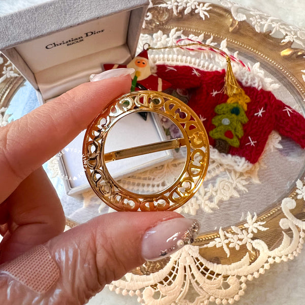 Vintage Dior Gold-Finish Metal Hollow CD Scarf Ring with Original Box