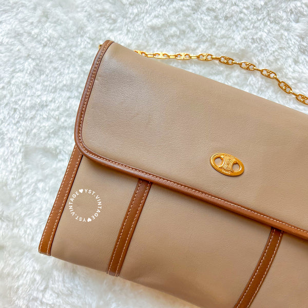 Vintage CELINE Triomphe Chain Shoulder Bag - Beige
