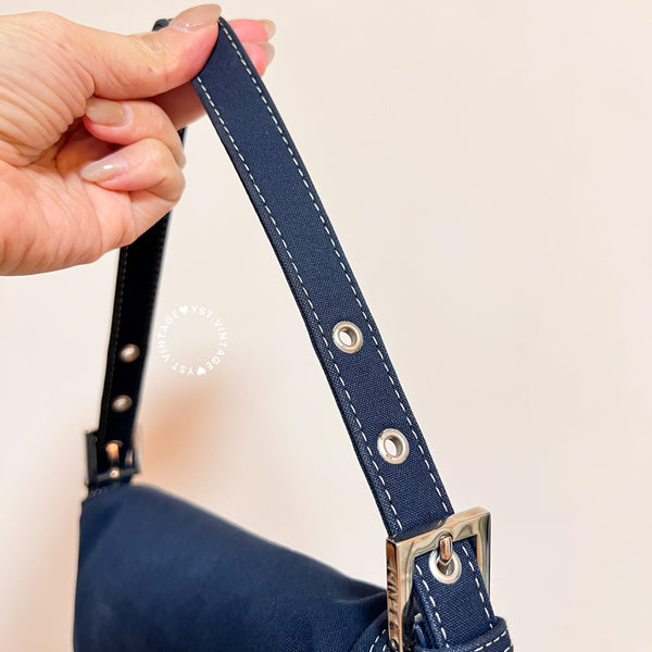 Vintage Fendi Enamel Buckle Jersey Baguette - Navy