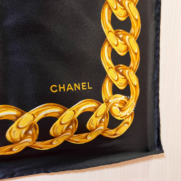 Vintage Chanel Camellia Coco Mark Silk Scarf 90 - Black*Gold