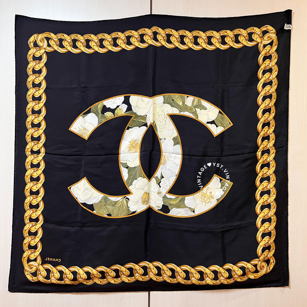 Vintage Chanel Camellia Coco Mark Silk Scarf 90 - Black*Gold