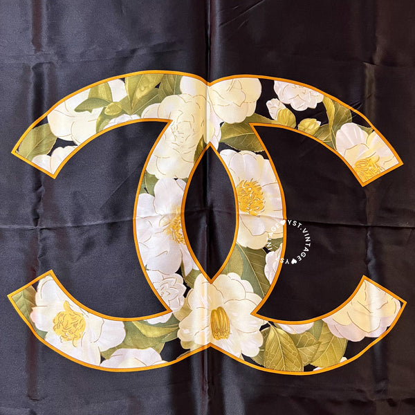 Vintage Chanel Camellia Coco Mark Silk Scarf 90 - Black*Gold
