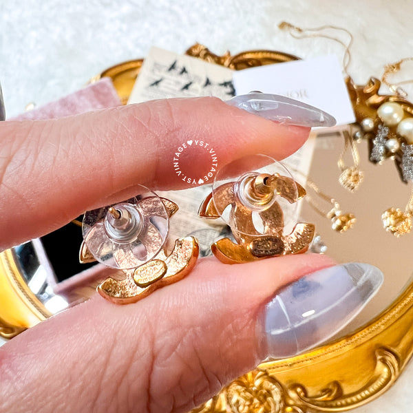 Vintage Chanel 24KGP and Rhinestone Coco Mark Earrings
