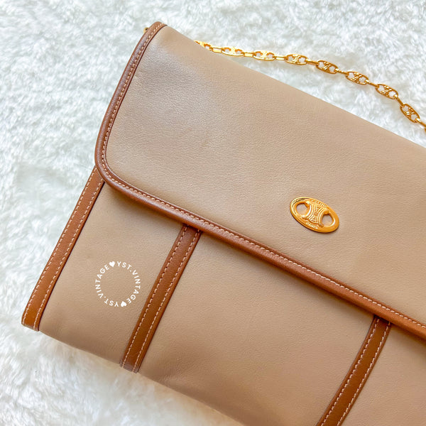 Vintage CELINE Triomphe Chain Shoulder Bag - Beige