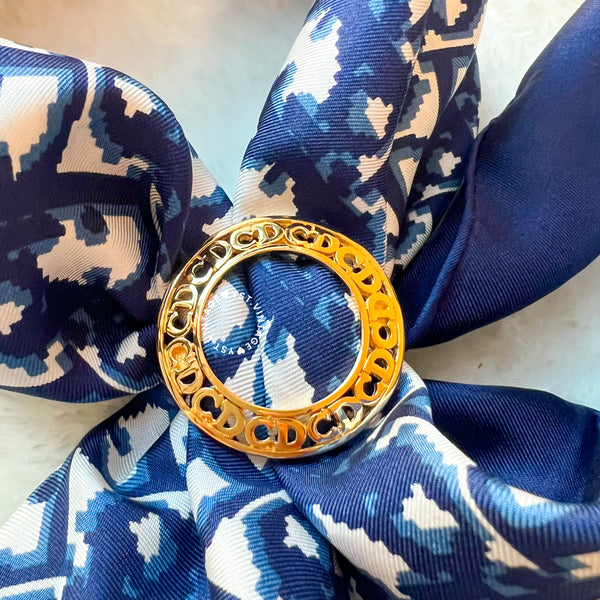 Vintage Dior Gold-Finish Metal Hollow CD Scarf Ring with Original Box