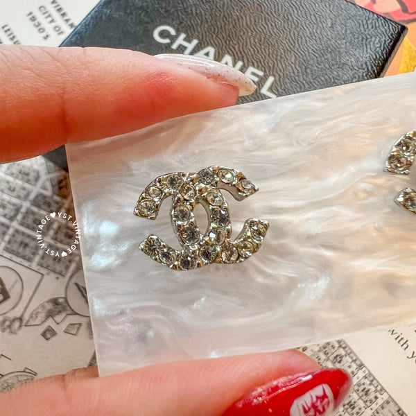 Vintage Chanel Coco Mark Rhinestone Silver-Finish Metal Earrings