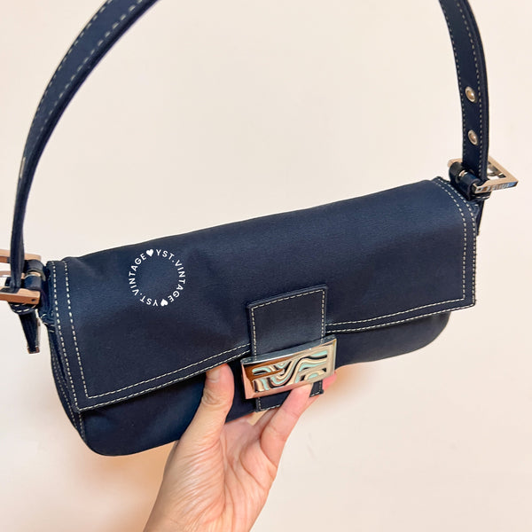 Vintage Fendi Enamel Buckle Jersey Baguette - Navy