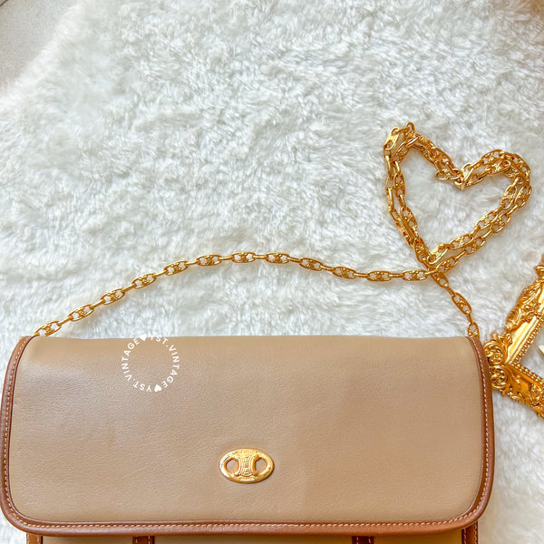 Vintage CELINE Triomphe Chain Shoulder Bag - Beige