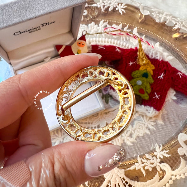 Vintage Dior Gold-Finish Metal Hollow CD Scarf Ring with Original Box