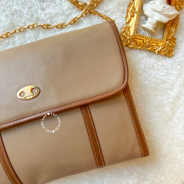 Vintage CELINE Triomphe Chain Shoulder Bag - Beige