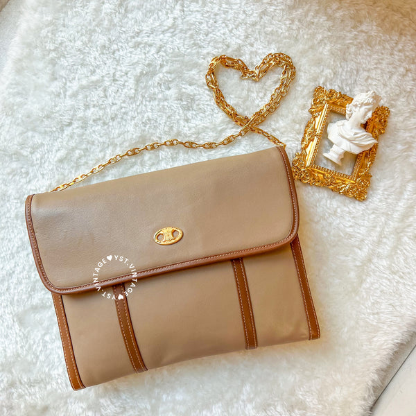 Vintage CELINE Triomphe Chain Shoulder Bag - Beige