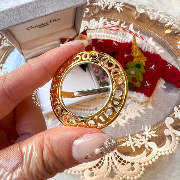 Vintage Dior Gold-Finish Metal Hollow CD Scarf Ring with Original Box