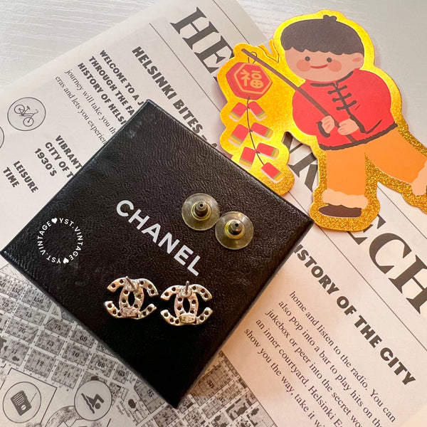 Vintage Chanel Coco Mark Rhinestone Silver-Finish Metal Earrings