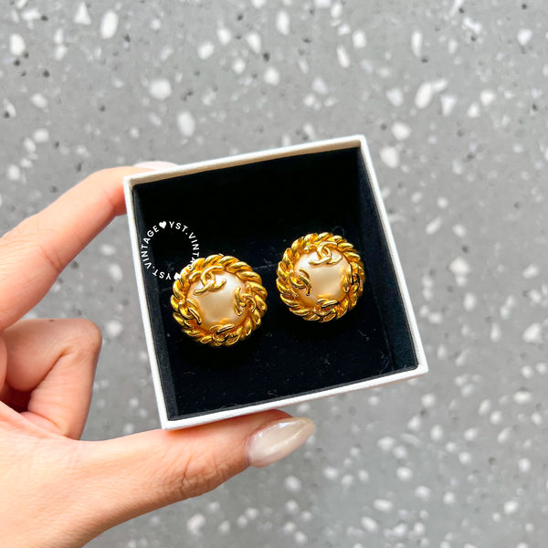Vintage Chanel 24KGP Pearl and Coco Mark Ear Clips