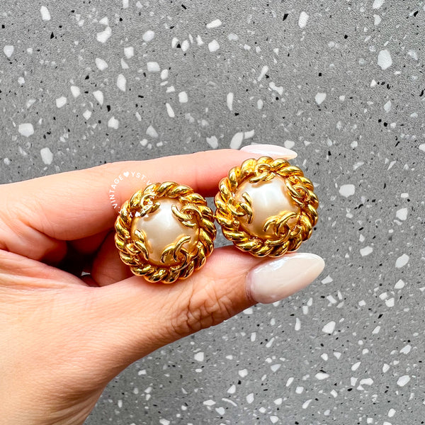 Vintage Chanel 24KGP Pearl and Coco Mark Ear Clips