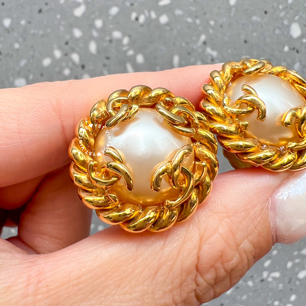 Vintage Chanel 24KGP Pearl and Coco Mark Ear Clips