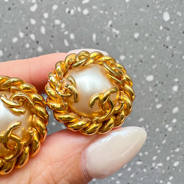 Vintage Chanel 24KGP Pearl and Coco Mark Ear Clips
