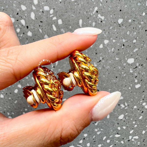 Vintage Chanel 24KGP Pearl and Coco Mark Ear Clips