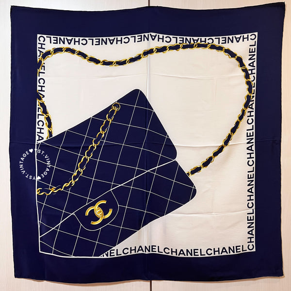 Vintage Chanel Class Flap Handbag Silk Scarf 90 - Navy*White