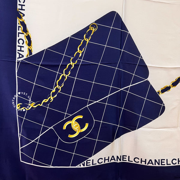 Vintage Chanel Class Flap Handbag Silk Scarf 90 - Navy*White