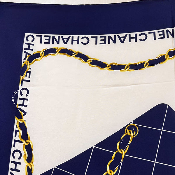 Vintage Chanel Class Flap Handbag Silk Scarf 90 - Navy*White