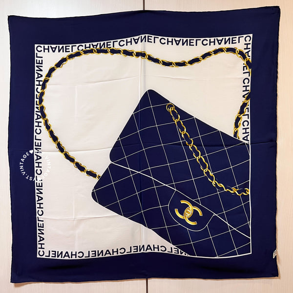 Vintage Chanel Class Flap Handbag Silk Scarf 90 - Navy*White