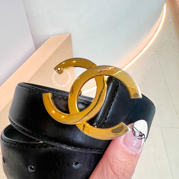 Vintage Chanel Coco Mark Leather Belt - Black*Gold