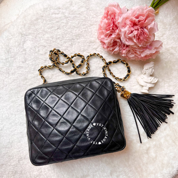 Vintage Chanel Square Camera Bag With Tassel - Black 003