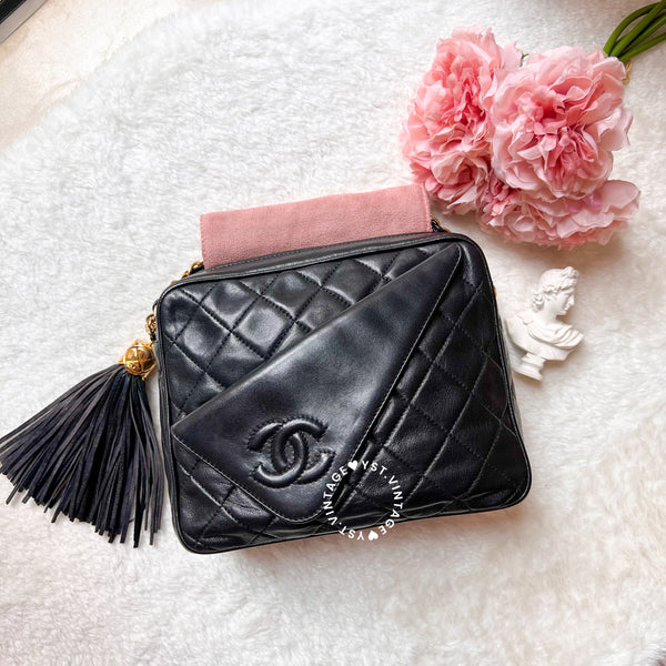 Vintage Chanel Square Camera Bag With Tassel - Black 003