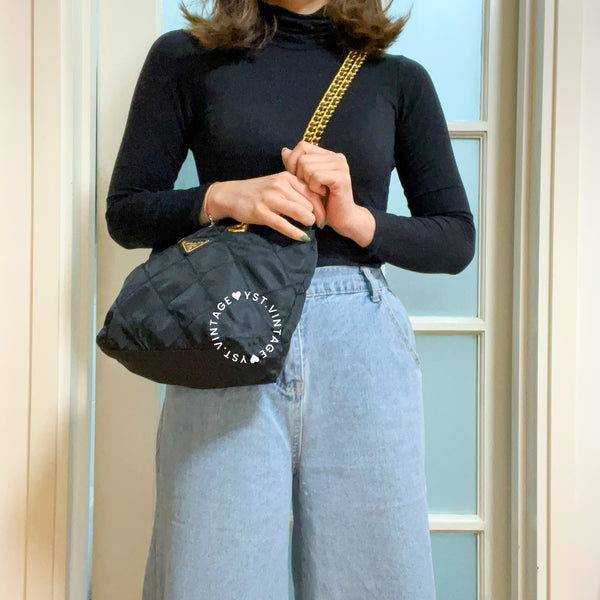 Vintage Prada Quilted Nylon & Saffiano Shoulder Bag - Black*Gold