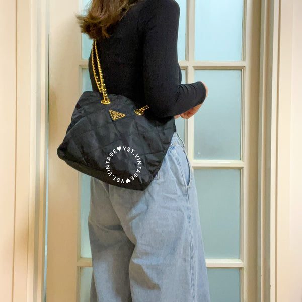 Vintage Prada Quilted Nylon & Saffiano Shoulder Bag - Black*Gold