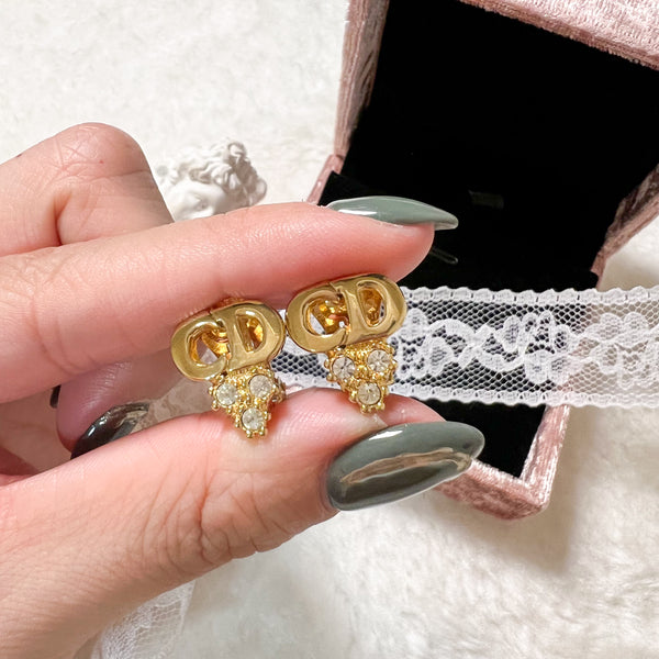 Vintage Dior Gold-Finish Metal and White Crystals Ear Clips