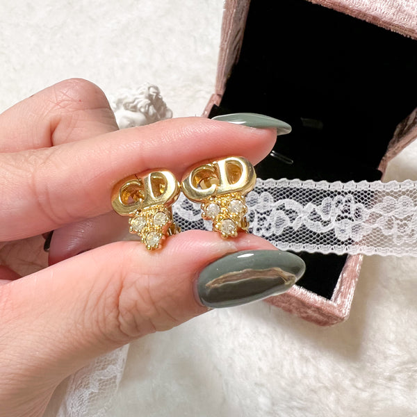 Vintage Dior Gold-Finish Metal and White Crystals Ear Clips