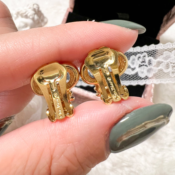 Vintage Dior Gold-Finish Metal and White Crystals Ear Clips