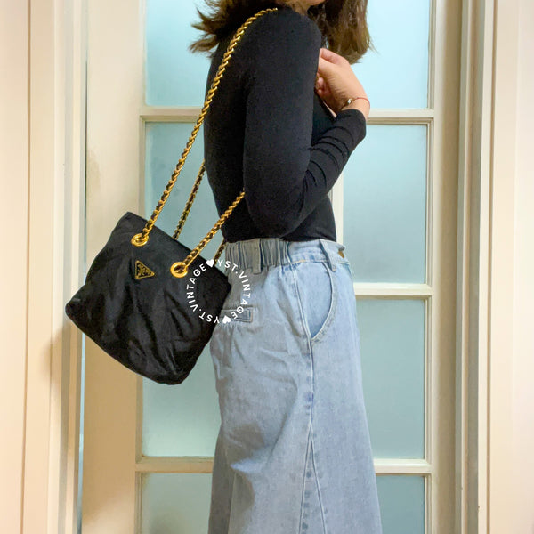 Vintage Prada Quilted Nylon & Saffiano Shoulder Bag - Black*Gold