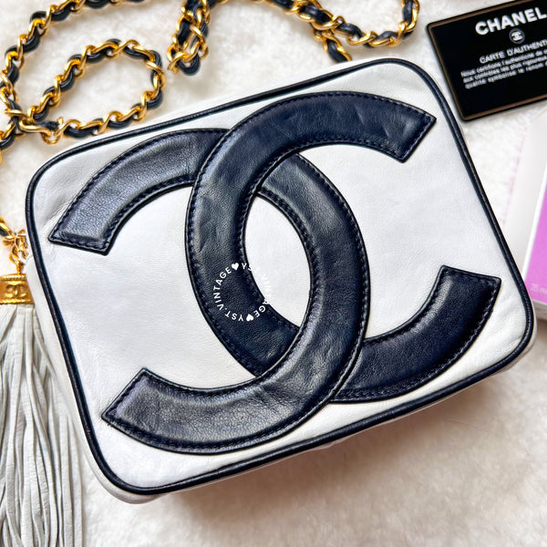 Vintage Chanel Coco Mark Camera Bag With Tassel - White x Navy 002