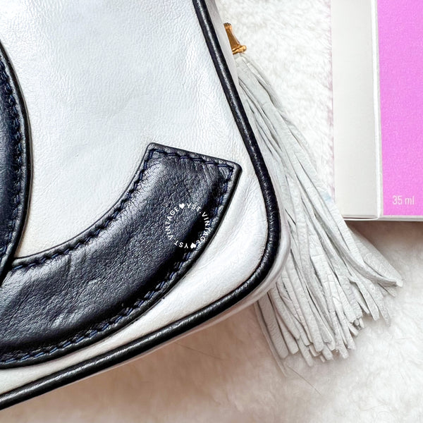 Vintage Chanel Coco Mark Camera Bag With Tassel - White x Navy 002