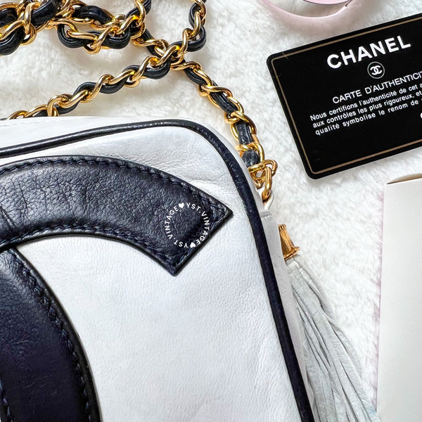 Vintage Chanel Coco Mark Camera Bag With Tassel - White x Navy 002