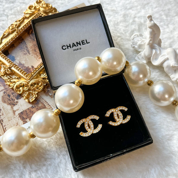 Vintage Chanel 24KGP and Rhinestone 1980s Coco Mark Ear Clips 002