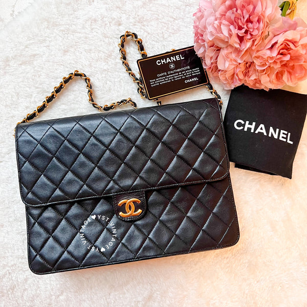 Vintage Chanel Push-Lock 25cm Square Flap Bag - Black x Gold