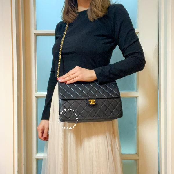 Vintage Chanel Push-Lock 25cm Square Flap Bag - Black x Gold
