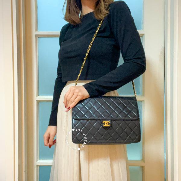 Vintage Chanel Push-Lock 25cm Square Flap Bag - Black x Gold