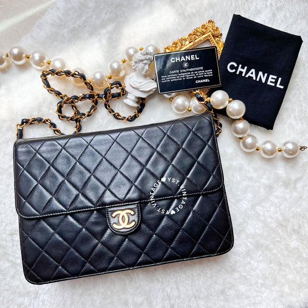 Vintage Chanel Push-Lock 25cm Square Flap Bag - Black x Gold 002